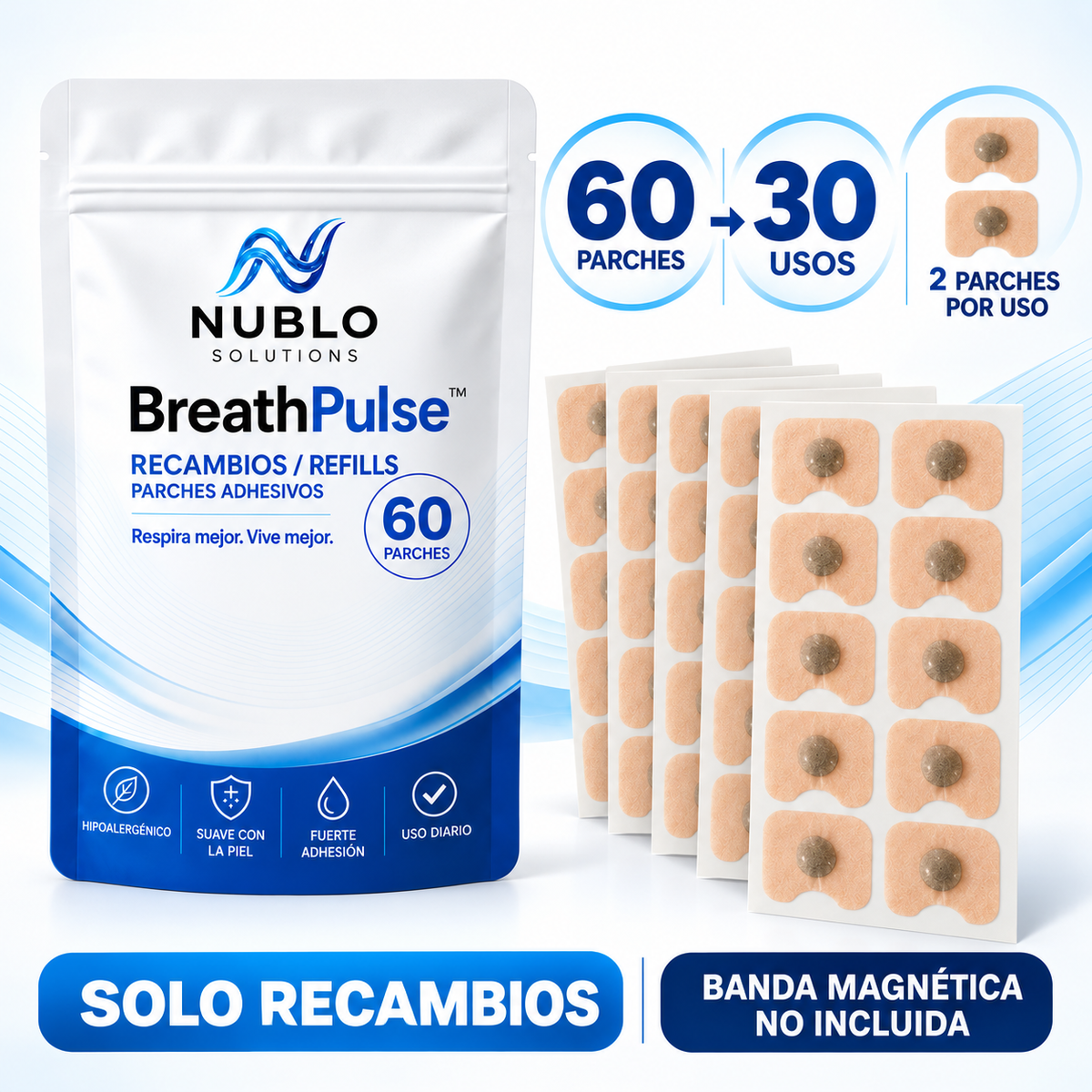 BreathPulse™ Recambios – 60 parches adhesivos (30 usos)